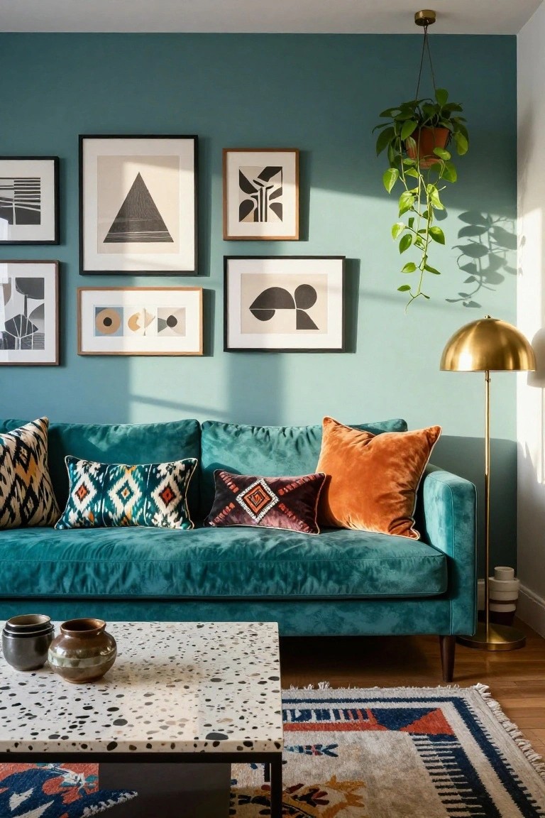 Teal velvet sofa with colorful pillows beneath abstract art on teal wall.