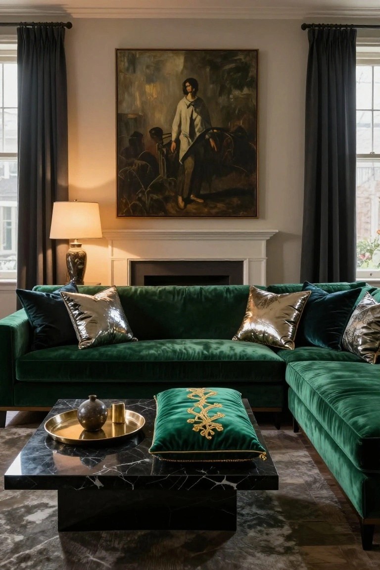 Green velvet L-shaped sectional sofa in a living room with paired silver metallic pillows, black marble coffee table with brass tray and embroidered pillow, brass lamp, white fireplace, and large painting on wall.