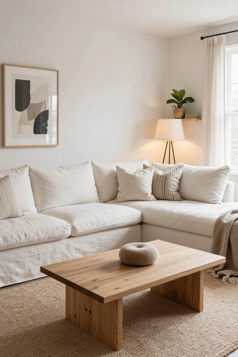 White linen sectional sofa in a bright corner room with symmetrical white pillows including striped accents, low wooden coffee table with a round pillow, abstract framed art on wall, tripod lamp, potted plant, and seagrass rug.