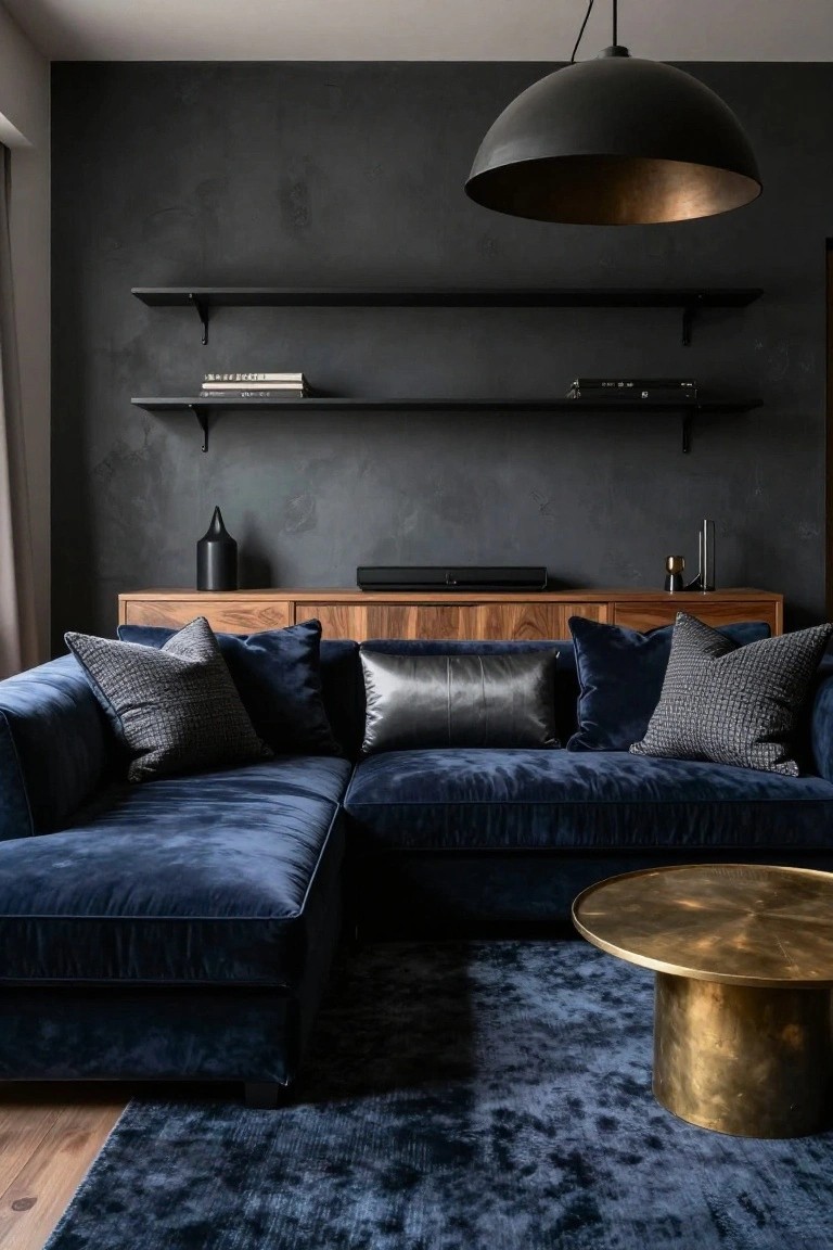 Navy velvet L-shaped sectional sofa with gray textured pillows, blue velvet pillows, and central black leather lumbar pillow in a dark-walled living room with wooden credenza, black shelves, and brass coffee table.