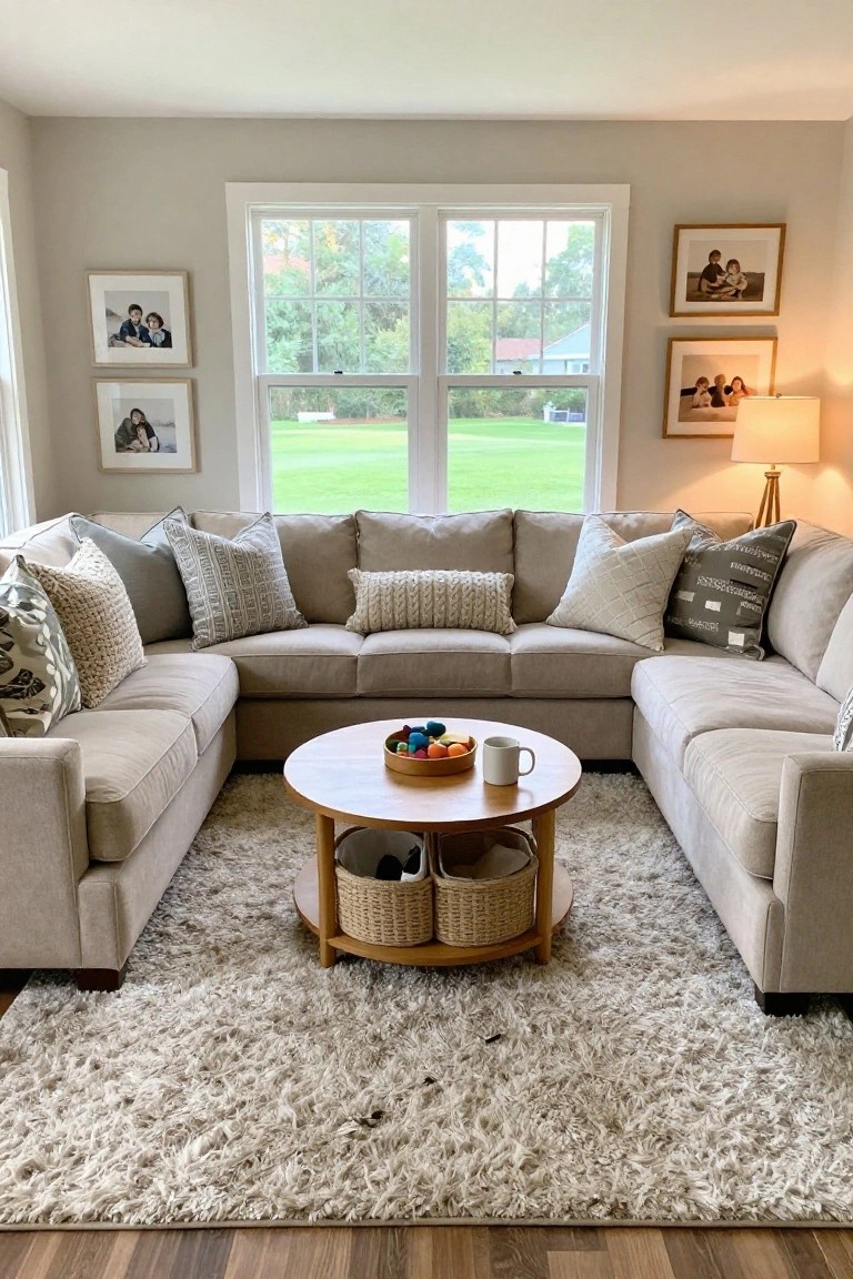 Light beige L-shaped sectional sofa in a living room with assorted neutral pillows arranged symmetrically, round wooden coffee table with woven baskets and toys, large windows showing green yard, and framed family photos on walls.
