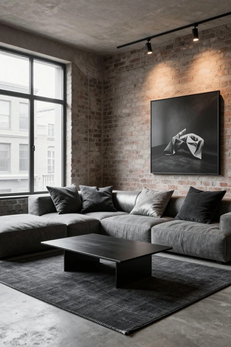 L-shaped gray fabric sectional sofa in a brick-walled room with layered pillows in gray velvet, silver leather, and black, a black coffee table on a dark rug, track lighting, and large windows overlooking buildings.
