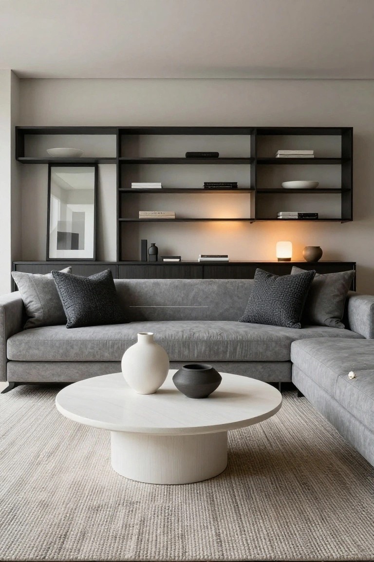 Modern living room with gray L-shaped sectional sofa topped with layered gray and black textured pillows, round white coffee table holding white and black ceramic vases, black wall-mounted shelving, low cabinets, neutral rug, and diffused lighting.