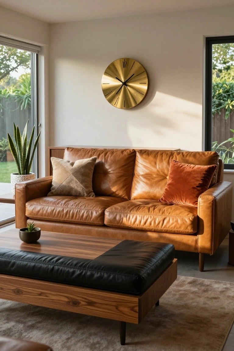 Tan leather two-seater sofa with two beige textured pillows on one side and two rust velvet pillows on the other, wooden ottoman with black leather top, snake plant in white pot, gold wall clock, and garden view through large windows in a light-filled room.