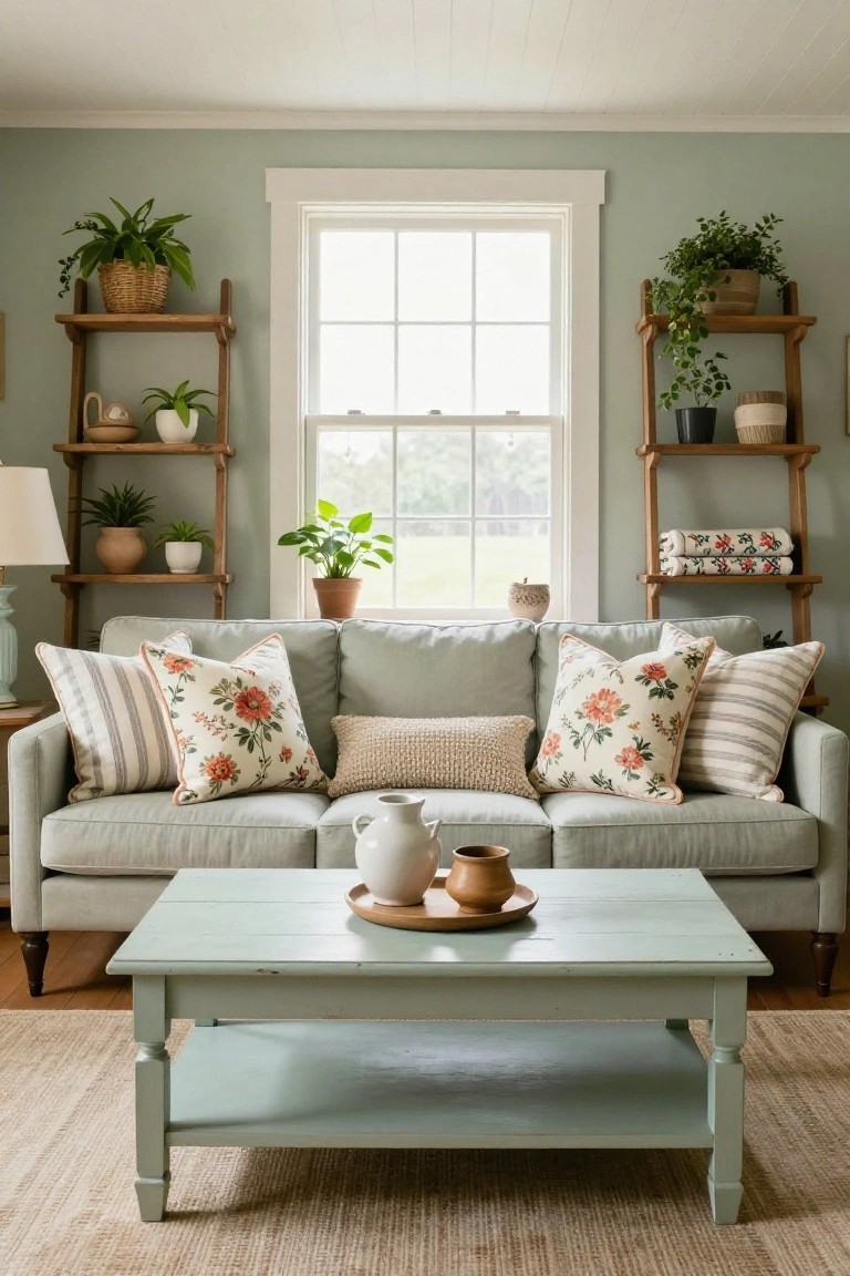 Sage green three-seater sofa in a light green living room with symmetrical striped and floral pillows, a cream lumbar pillow in the center, wooden ladder shelves holding plants flanking a large window, a lamp on one side, and a painted wooden coffee table with a teapot and cups.