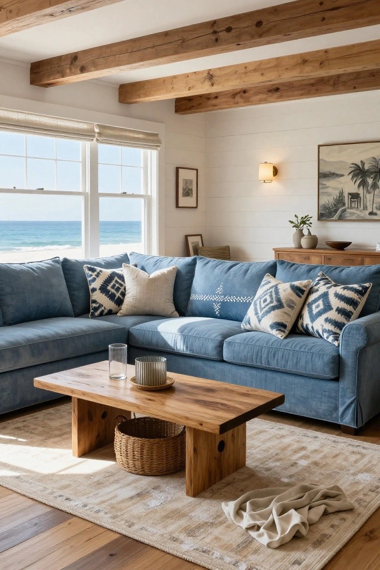 Blue L-shaped velvet sectional sofa with assorted patterned and solid pillows arranged symmetrically in a white shiplap-walled living room featuring wooden ceiling beams, a wooden coffee table, and large windows overlooking the ocean.