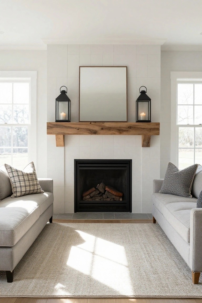 Living room featuring two facing light gray sofas each with one large pillow, a wood mantel over a black fireplace flanked by black lanterns, a blank framed mirror above, white shiplap walls, beige rug, and windows with natural light.