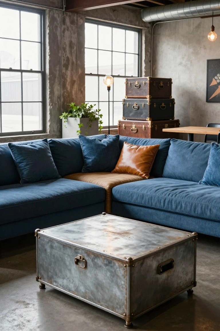 Industrial loft living room with navy blue L-shaped sectional sofa covered in blue pillows and one tan leather pillow, metal trunk coffee table, stacked leather suitcases nearby, potted plant, exposed beams, and large factory windows.