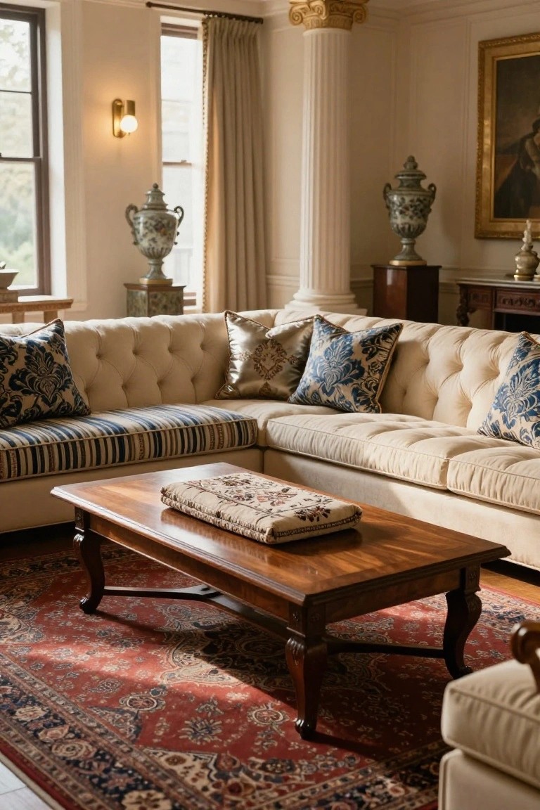 Cream tufted sectional sofa with blue patterned pillows, metallic pillows, and embroidered cushions arranged symmetrically around a wooden coffee table in a formal living room with columns and vases.