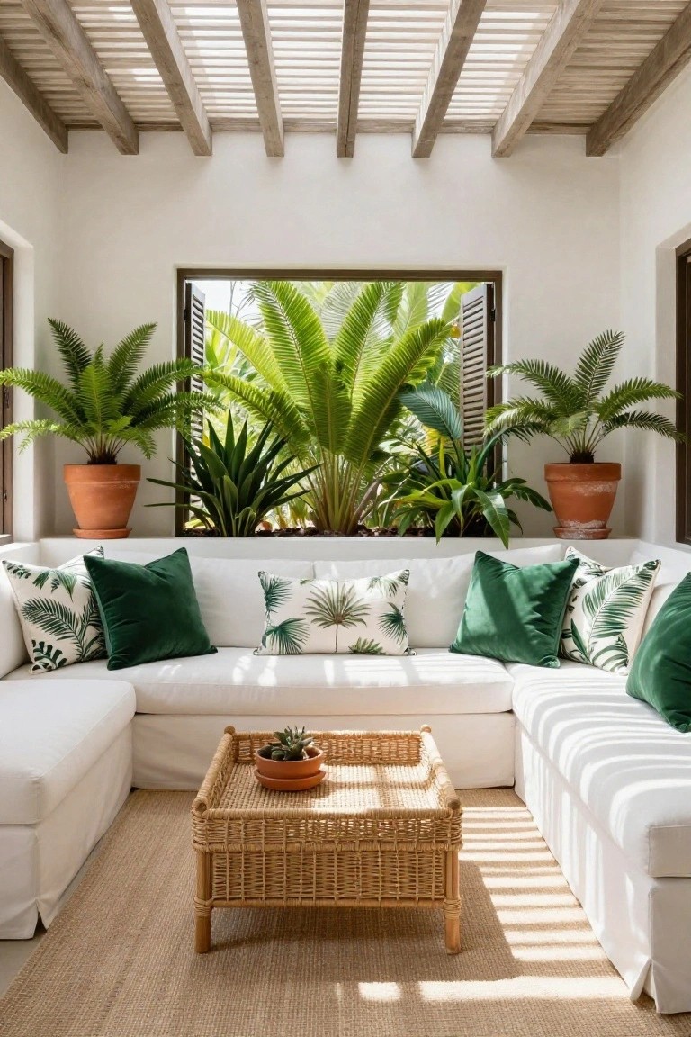 White L-shaped sectional sofa with symmetrical arrangement of green velvet pillows and white palm leaf patterned pillows, woven rattan coffee table holding a potted succulent, potted ferns on either side, large open shutters revealing tropical plants, wooden slat ceiling overhead.