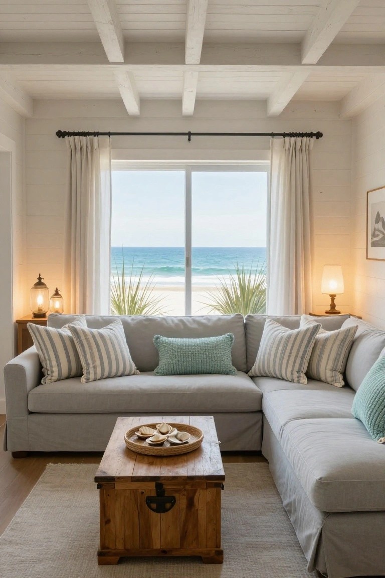 Gray L-shaped sectional sofa in a white-walled living room with large windows showing ocean view, covered in multiple white and navy striped pillows and green textured pillows, wooden trunk coffee table with shell tray, side tables with lanterns, beige rug on wood floor.