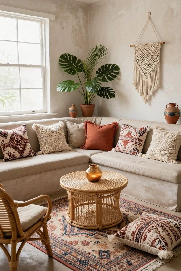 Beige L-shaped sectional sofa in a corner room with layered pillows in cream macrame, fringe, and terracotta patterns, next to potted plants, rattan table, and woven wall hanging.