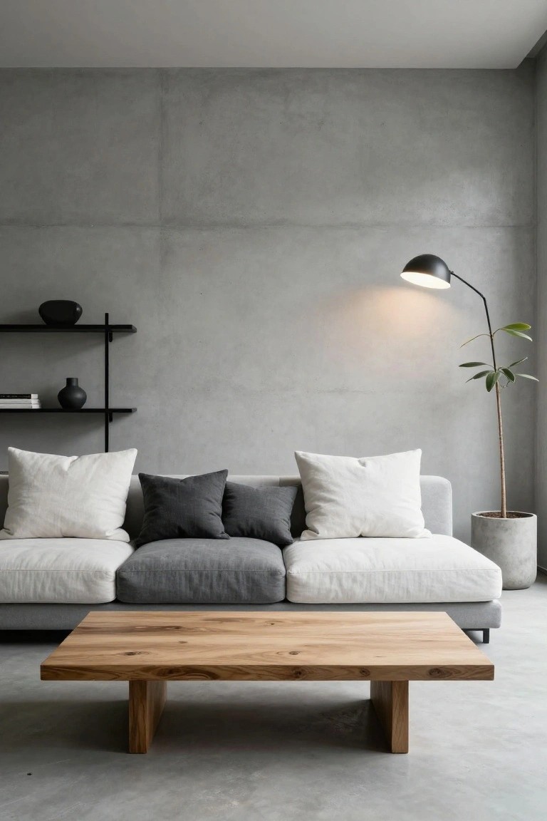 Modern living room with concrete walls, light gray sectional sofa topped with white pillows on ends and gray pillows in center, wooden coffee table, black metal shelves holding vase and books, potted plant in concrete pot, and black arc floor lamp.