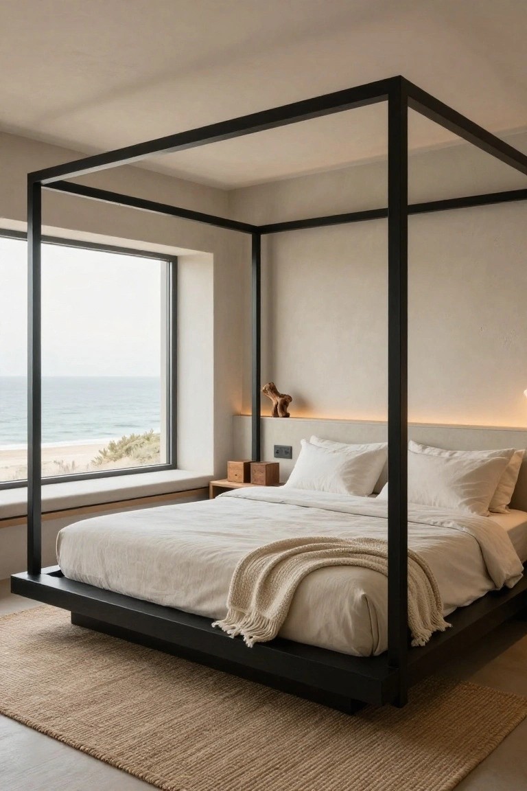 A low platform bed with white linens and black metal canopy frame in a beige bedroom, large window showing ocean view, wooden side tables and sculpture on wall shelf, seagrass rug on floor.