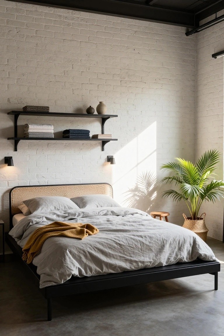 Bedroom with black metal platform bed featuring rattan headboard, gray linen bedding, yellow throw blanket, exposed white brick walls, black wall-mounted shelves holding folded towels and vases, black wall lamps, wooden stool, potted palm plant, and concrete floor.