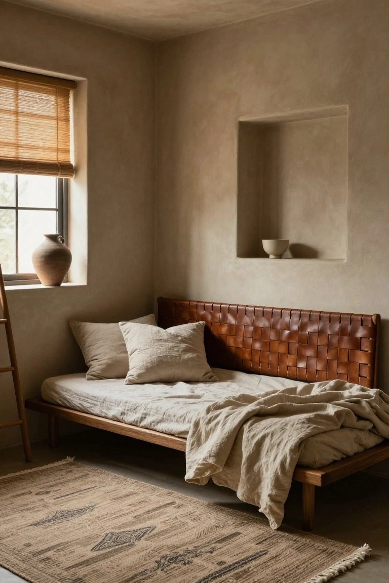A bedroom corner showing a low wooden platform bed with a brown braided leather headboard, white pillows and linens, a terracotta vase on the windowsill, beige walls with a niche shelf, and a neutral patterned rug on the floor.