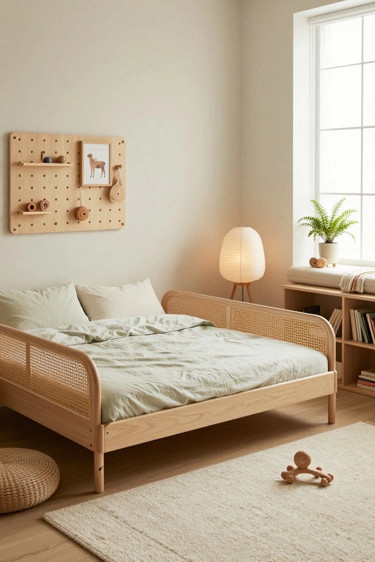 A beige-toned bedroom with a wooden platform bed featuring cane panels on headboard and sides, light green bedding, pegboard wall with wooden toys and shelves, bookshelves, potted plant by window, and woven pouf on floor.