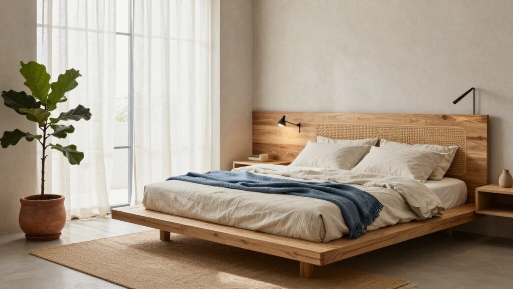 20 Serene Japandi Platform Bed Ideas for a Balanced Home Bedroom interior with low oak platform bed featuring rattan headboard, beige linen bedding, nightstand with lamp and mug, fiddle leaf fig plant in terracotta pot, floating oak shelf with vase and books, sheer curtained window, blue floor cushion, and light wood flooring.