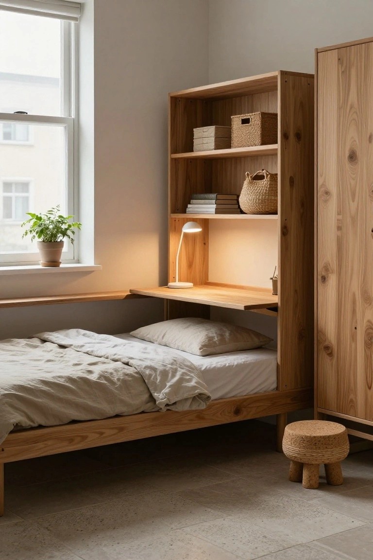 A bedroom corner with a low wooden platform bed built into tall oak cabinetry that includes open shelves stocked with books and baskets, a desk extension with lamp, a potted plant on the windowsill, and a cork stool on a light tiled floor.