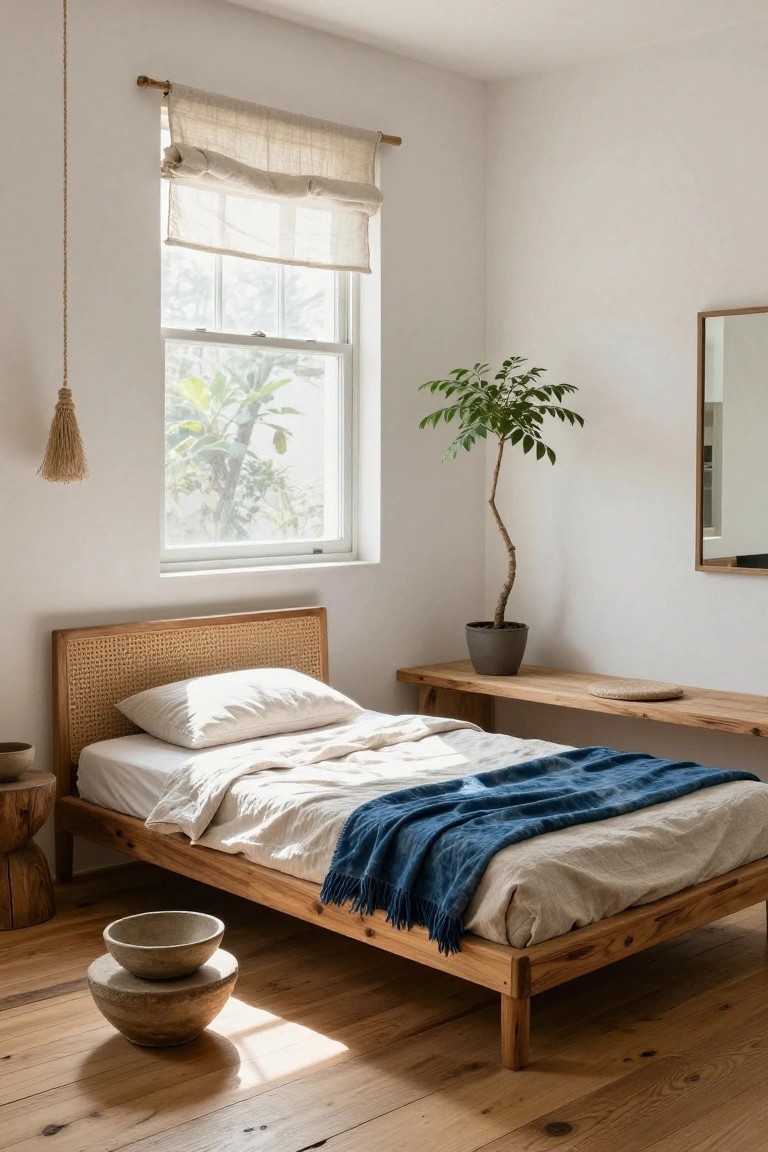 Bedroom with low wooden platform bed featuring rattan headboard, white sheets, blue throw blanket, potted tree plant, wood side table, and window with linen shade.