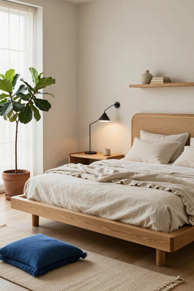 Bedroom interior with low oak platform bed featuring rattan headboard, beige linen bedding, nightstand with lamp and mug, fiddle leaf fig plant in terracotta pot, floating oak shelf with vase and books, sheer curtained window, blue floor cushion, and light wood flooring.
