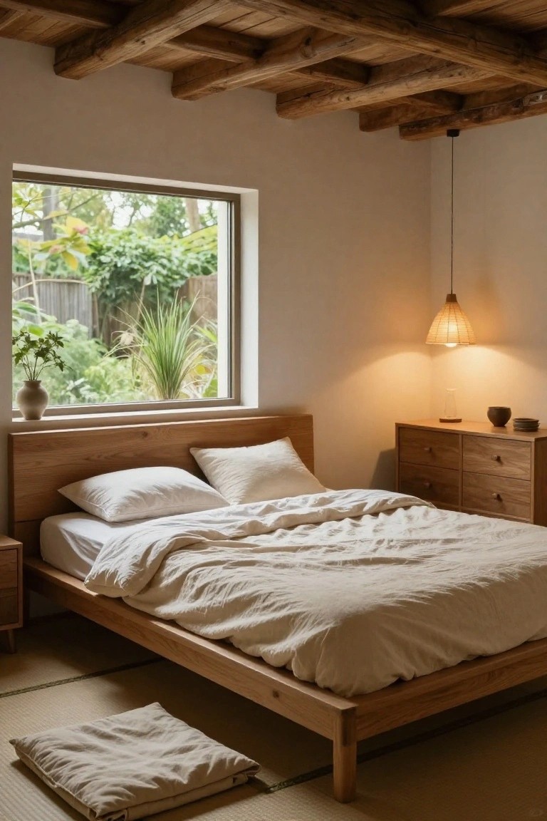 Bedroom interior with low oak platform bed on tatami mats, white rumpled bedding, wooden headboard and dressers, pendant lamp, vase on windowsill, and view of garden plants outside.