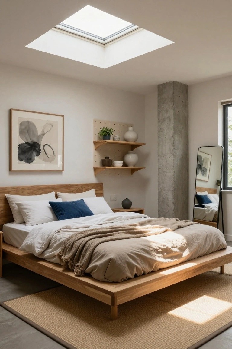 Bedroom interior with low oak platform bed covered in white sheets and beige linens, under a large skylight, featuring wooden shelves with ceramics, abstract wall art, concrete pillar, and black-framed full-length mirror.