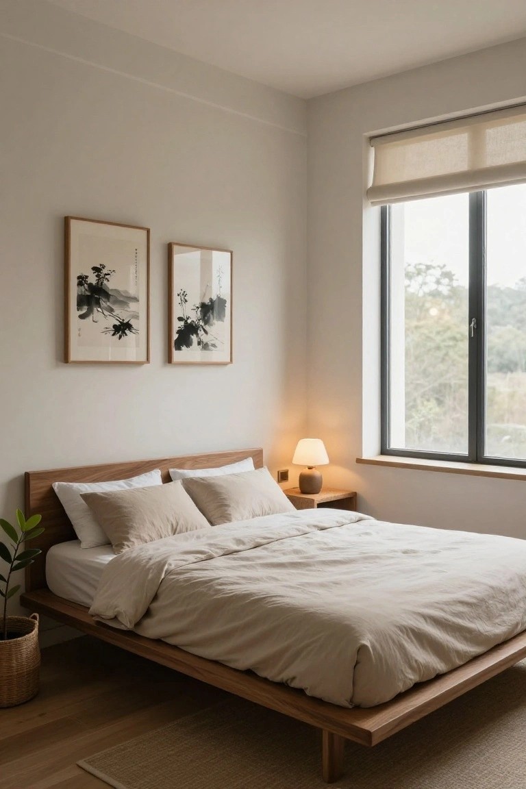 A low wooden platform bed with beige linens and pillows in a light beige bedroom, flanked by a wooden nightstand with a lamp, a potted plant in a basket, two framed ink paintings on the wall, and a large window with linen blinds overlooking wooded hills.