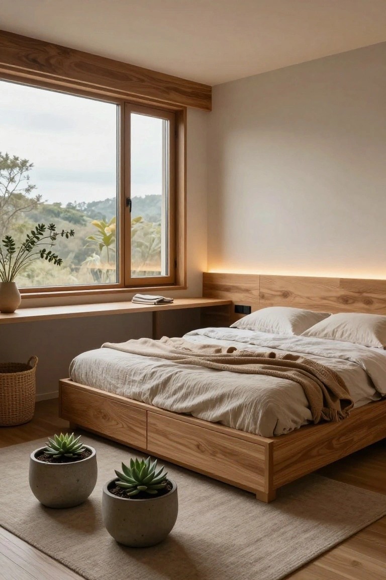 A bedroom with a low wooden platform bed covered in beige linen sheets and throws, two potted succulents on a light rug in front, a wooden window seat with plants overlooking green hills through a large window, and warm LED lighting along the wooden headboard.