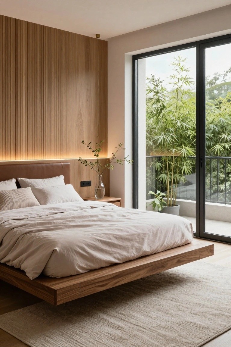Modern bedroom with floating wooden platform bed and beige linens against a full-height vertical oak slat wall, lit by an LED strip, next to glass doors opening to a balcony with potted bamboo and other plants.