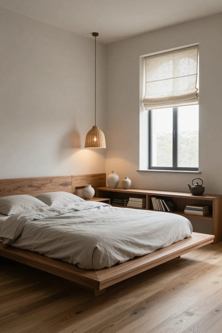 A minimalist bedroom with light gray walls, low wooden platform bed featuring integrated oak headboard shelves with books and white ceramic vases, rattan pendant light, linen roller blind on black-framed window, and hardwood floors.