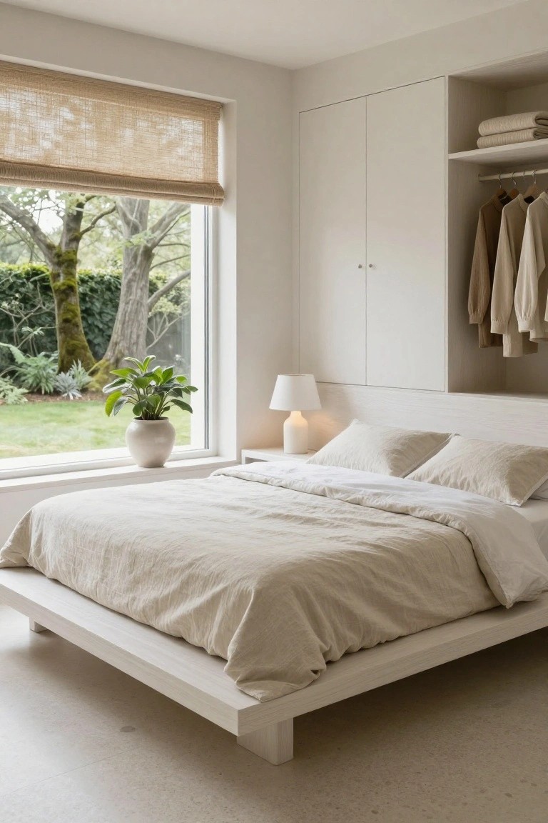 Minimalist bedroom interior with low white platform bed covered in beige linen bedding and white duvet, adjacent to tall white built-in wardrobes and open shelving, a table lamp on a nightstand, potted plant on wide windowsill overlooking garden, and woven window shade.