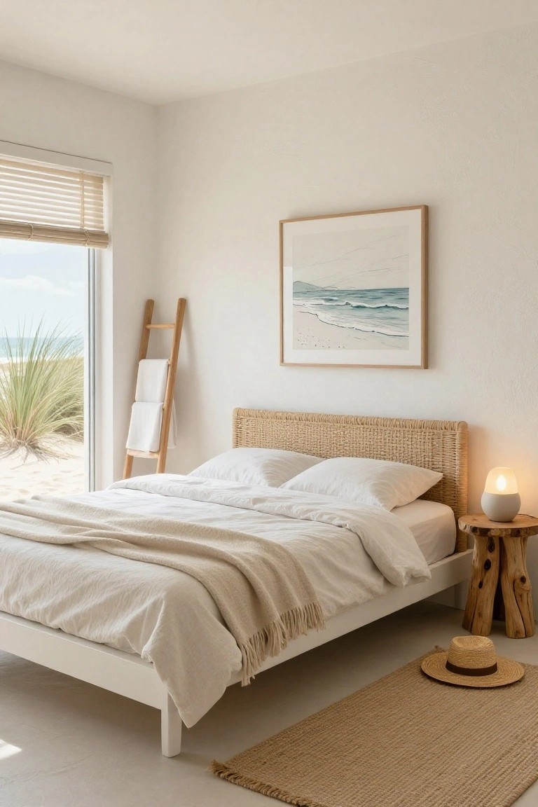 White platform bed with rattan headboard and white linens in a light bedroom, wood ladder holding towels nearby, small wood side table with lamp, large window showing beach view, straw hat on seagrass rug.