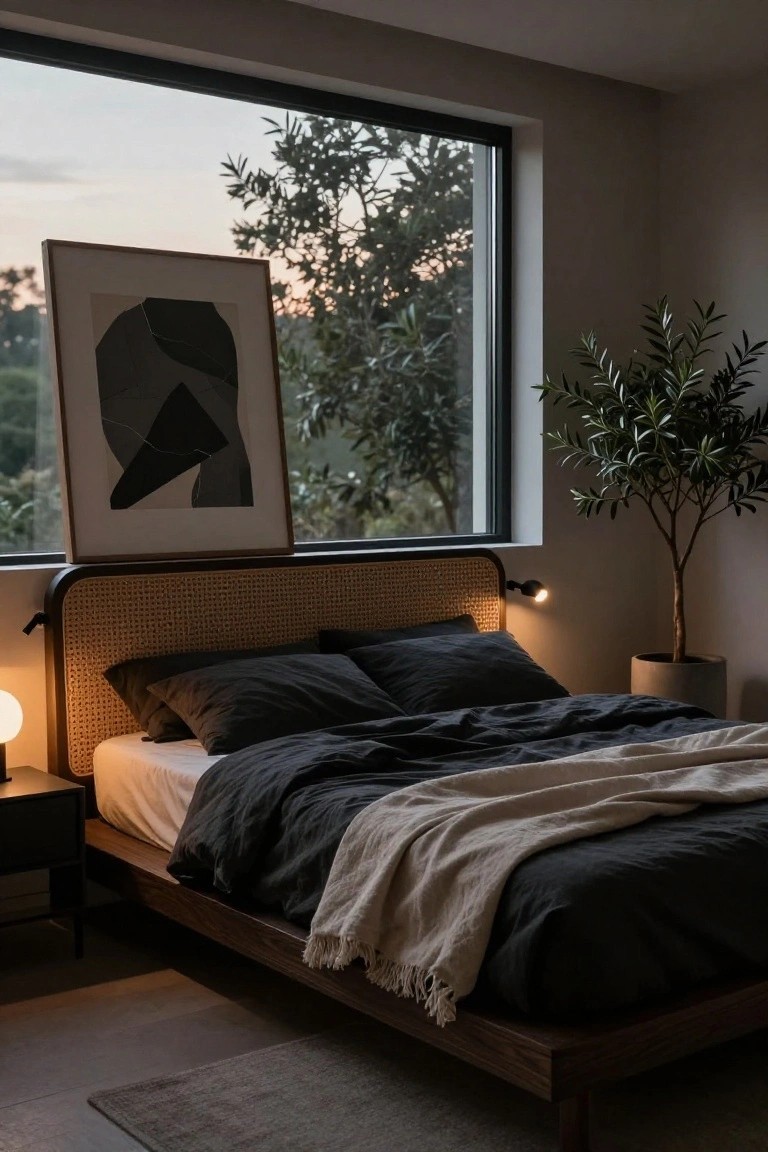 Bedroom interior with low wooden platform bed featuring rattan headboard, black pillows and duvet, bedside table with lamp, potted olive tree, abstract wall art, and large window showing trees at dusk.