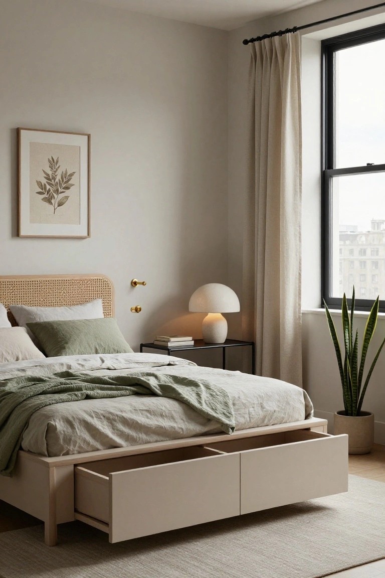 Bedroom corner with low beige platform bed featuring rattan headboard, two open drawers underneath, green linen bedding, white mushroom lamp on black metal nightstand, beige curtains on large black-framed window, framed leaf print on wall, and potted snake plant.