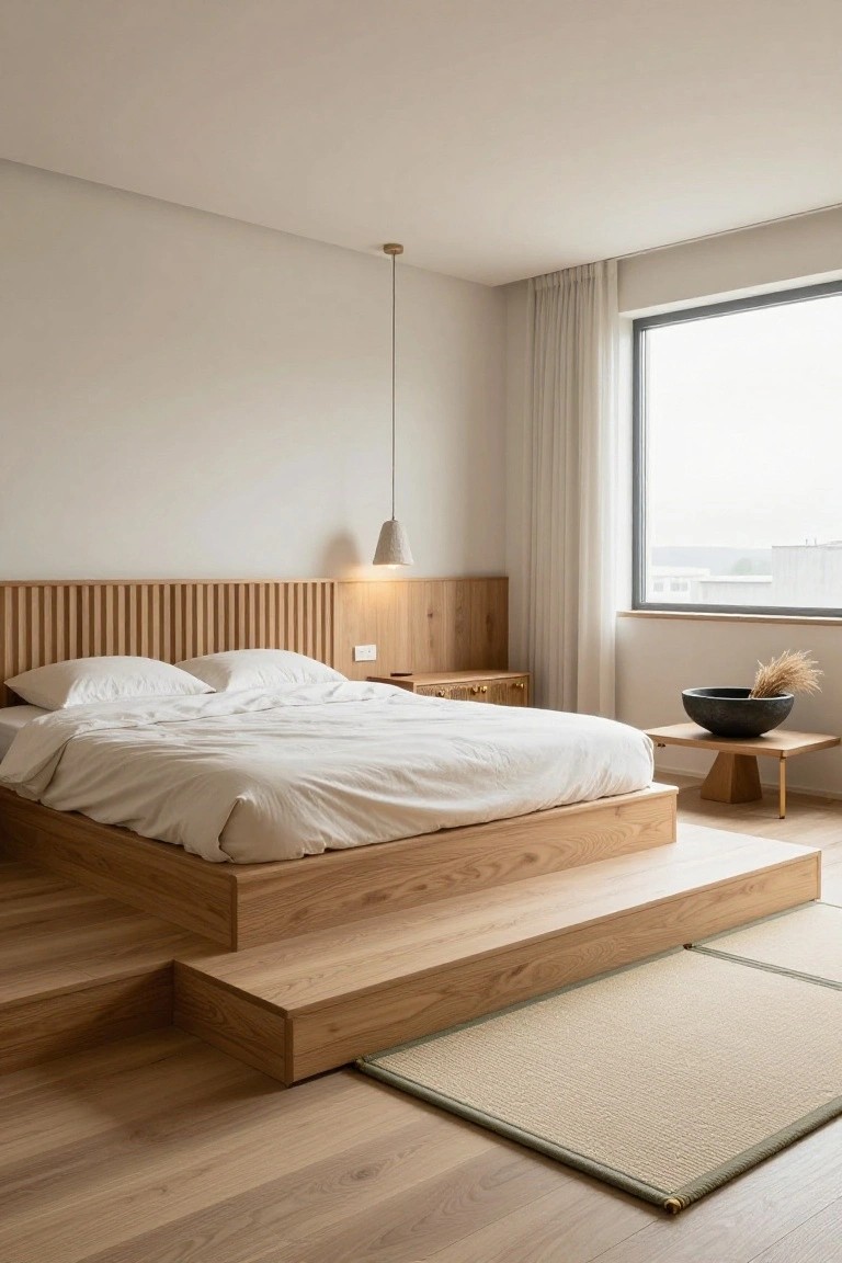 A minimalist bedroom with a raised oak platform bed accessed by wooden steps, white duvet and pillows, wooden slat headboard and nightstand, black bowl with pampas grass on a low table, pendant light, beige curtains on a large window, and light oak flooring with a seagrass rug.