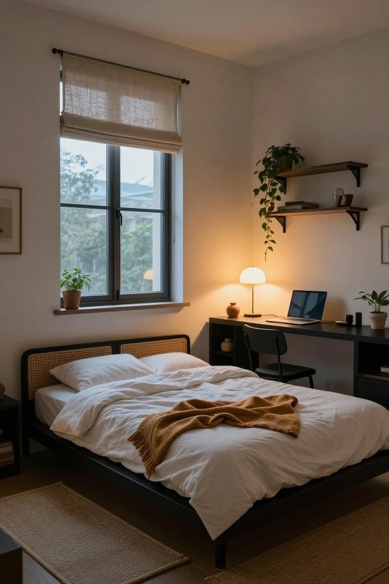 Cozy bedroom with black-framed rattan platform bed draped in white linens and orange throw, black desk with open laptop and white lamp next to it, potted plants on shelves and windowsill, large window with linen shade and outdoor greenery view.