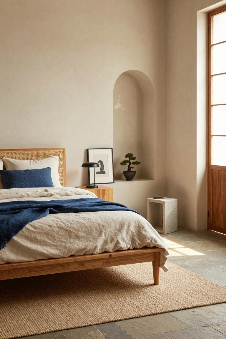 Bedroom interior with light beige walls, arched niche containing black lamp, framed art, and bonsai plant, wooden platform bed with rattan headboard and white-blue bedding, concrete side table, seagrass rug on terracotta tile floor, and tall window with wooden door.