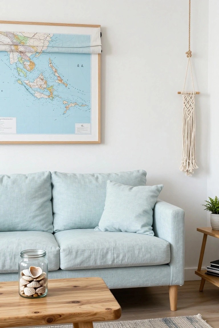 Light blue linen two-seater sofa in a white-walled living room next to a wooden coffee table with glass jar of seashells, framed map on wall, macrame hanger, potted plant on side table with books, wood floor and rug.