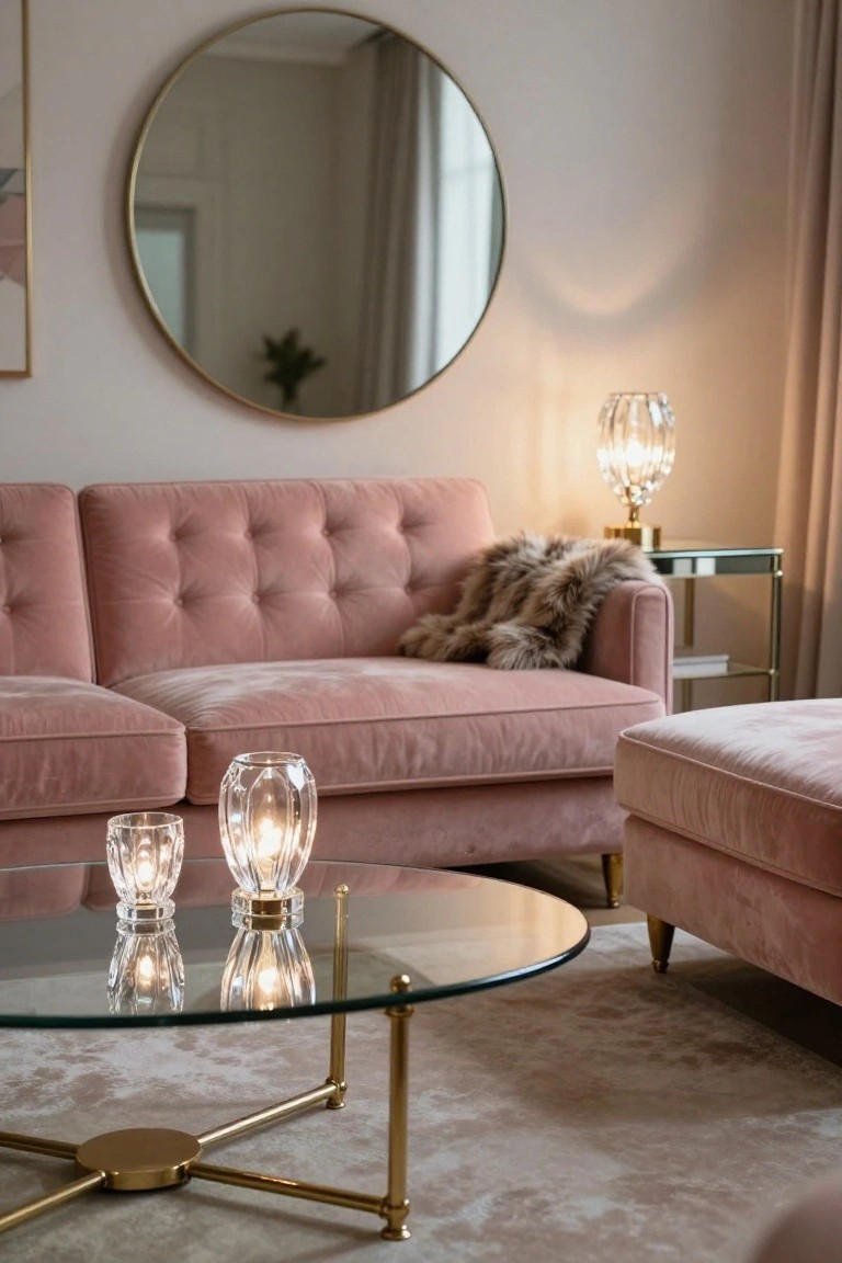 Blush pink velvet tufted sofa and matching ottoman in a beige living room with gold accents, a round gold mirror on the wall, glass coffee table with crystal candles, fur throw on the sofa, and a crystal lamp on a glass side table.