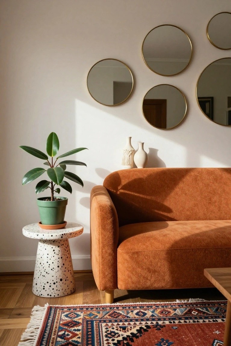 Burnt orange curved velvet sofa in a living room corner next to a green potted rubber plant on a speckled white side table, with multiple round gold-framed mirrors mounted on a white wall above, two white vases on a shelf, wooden floors, and a red and blue patterned rug.
