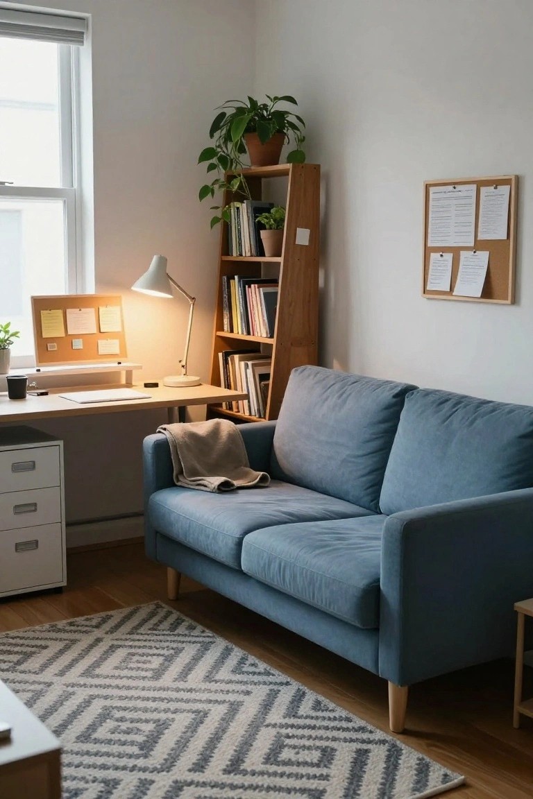 A small apartment room corner with a low blue fabric sofa on wooden legs, adjacent wooden desk with angled lamp and plants, wooden bookshelves with books and more plants, corkboards, white filing cabinet, and geometric gray rug on wood floor.