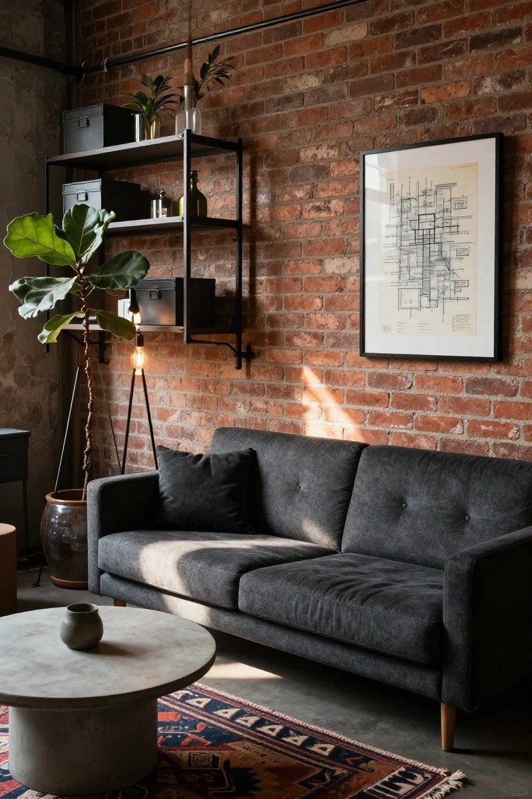 Dark gray two-seater sofa against exposed brick wall in industrial interior with metal shelves holding plants and boxes, fiddle leaf fig plant, tripod floor lamp, ceramic planter, low concrete round table, and patterned rug on concrete floor.
