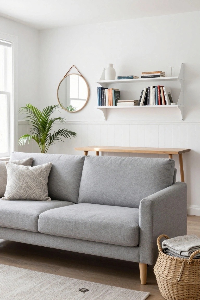 Gray sofa with patterned pillow, wooden table, and floating white shelf.