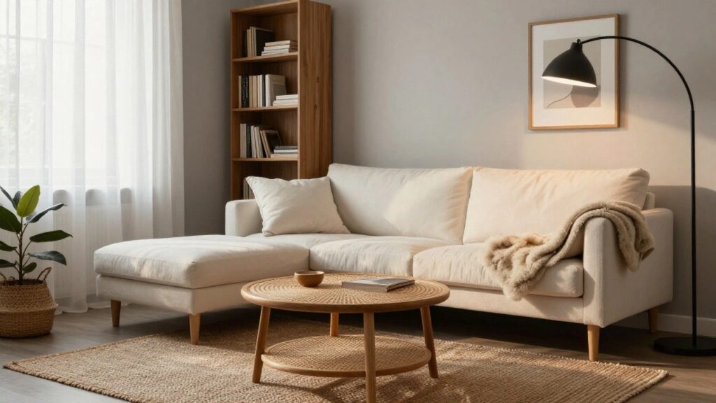 Light gray living room with cream sofa topped by pillows and fur throw, round wooden coffee table on seagrass rug, wooden side table holding books and potted plant, black arc lamp, and abstract black and white framed art near window with roller shade.