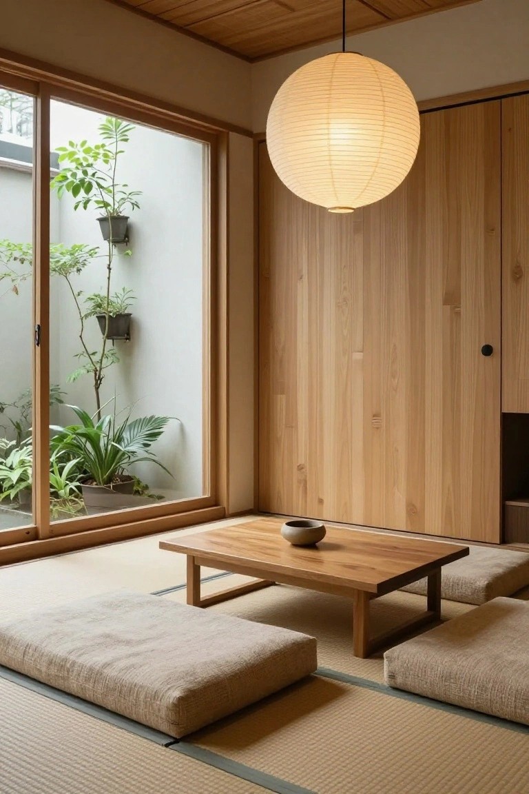 Japanese-style interior room with tatami flooring, low wooden table centered on beige floor cushions, wooden walls and sliding doors overlooking a small planted courtyard, and a large paper lantern overhead.