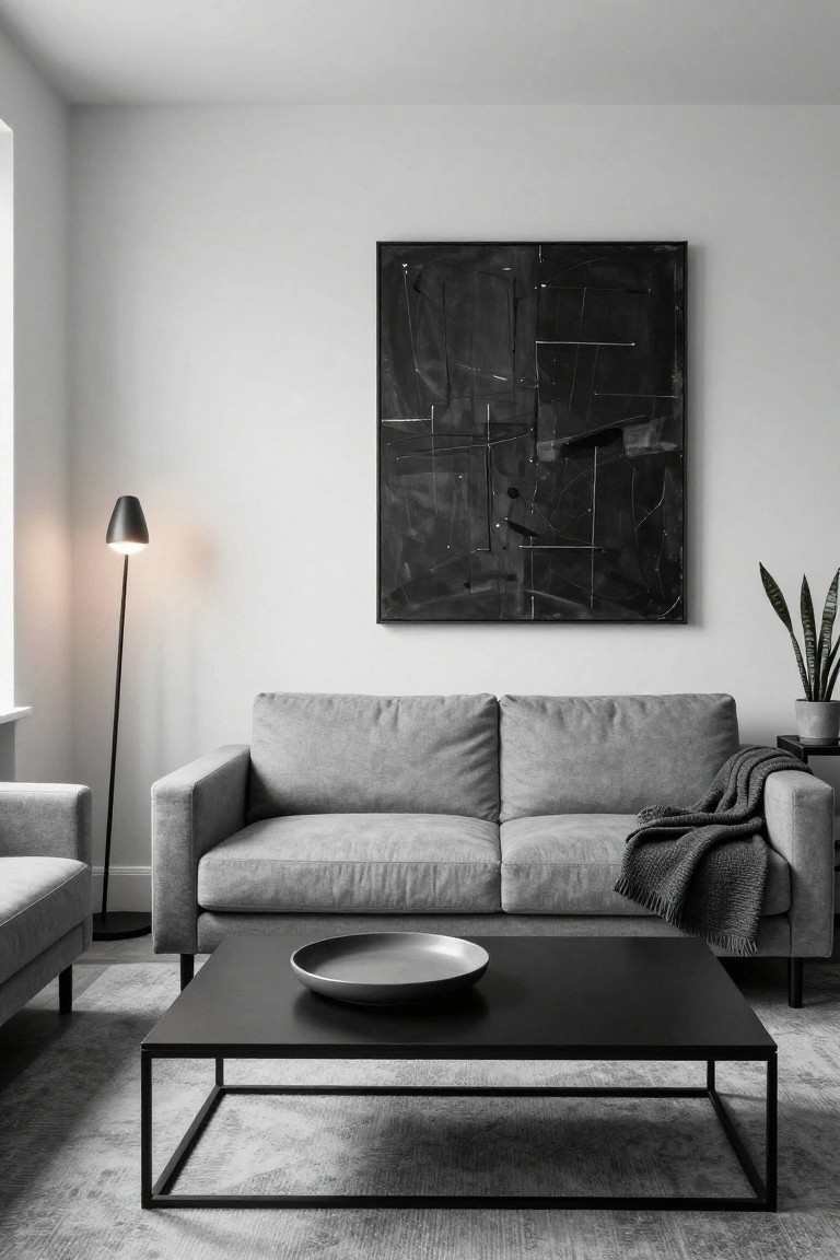 Minimalist living room interior with light gray two-seater sofa, smaller gray armchair, black metal coffee table topped with white plate, black floor lamp, large black abstract wall art, snake plant in gray pot, and light gray rug.