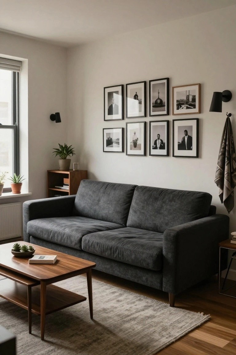 A low-profile gray velvet sofa in a minimalist living room with neutral walls, multiple black-and-white framed photos arranged on the wall, potted plants, a wooden coffee table with a book and succulents, a neutral rug, and hardwood floors.