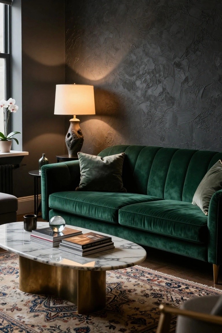 Living room interior with tufted green velvet sofa, oval white marble coffee table on brass legs, black side table with ceramic lamp and glass orb, green pillows, stacked books, textured dark gray walls, orchid plant, and patterned rug.