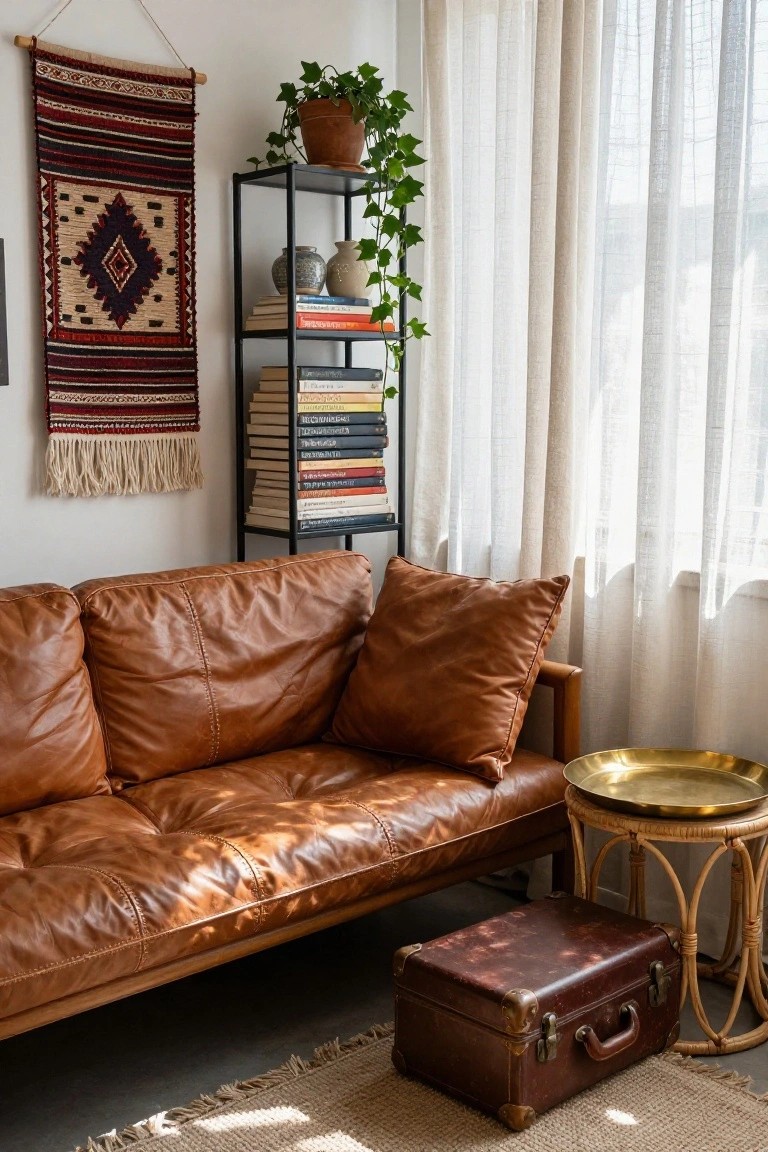 Sunlit living room corner with tan leather sofa, black metal bookshelf holding books and plants, woven wall hanging, potted ivy, sheer curtains, rattan side table with brass tray, vintage brown suitcase stool, and jute rug on concrete floor.